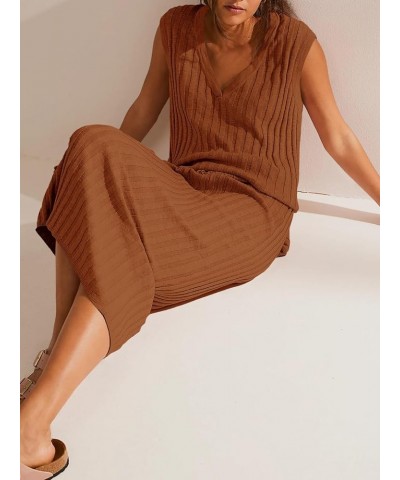 Womens 2 Piece Sweater Sets Tank Tops Knitted Ribbed V Neck Sleeveless Casual Midi Skirt Sets Brown $15.20 Activewear