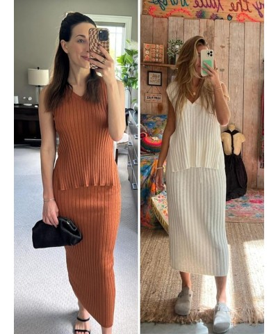 Womens 2 Piece Sweater Sets Tank Tops Knitted Ribbed V Neck Sleeveless Casual Midi Skirt Sets Brown $15.20 Activewear