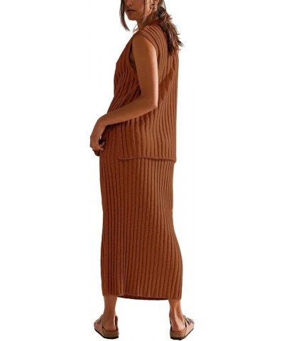 Womens 2 Piece Sweater Sets Tank Tops Knitted Ribbed V Neck Sleeveless Casual Midi Skirt Sets Brown $15.20 Activewear