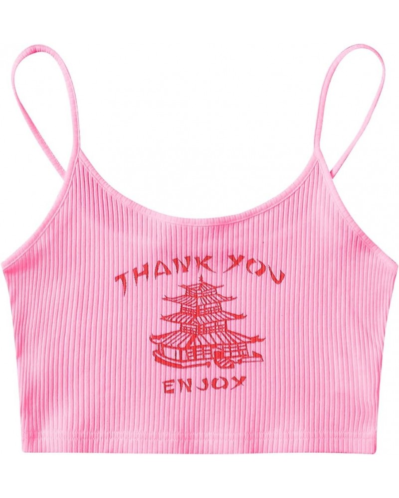 Women's Sleeveless Camisole Letter Print Crop Cami Top Light Pink $10.59 Tanks