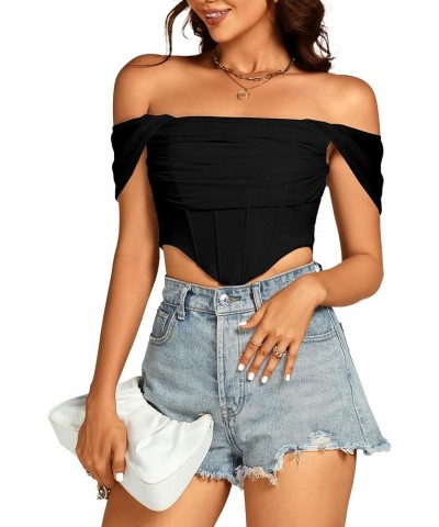 Women's Sexy Off Shoulder Ruched Mesh Sleeve Corset Crop Top Shirt Blouse Black $17.10 Blouses