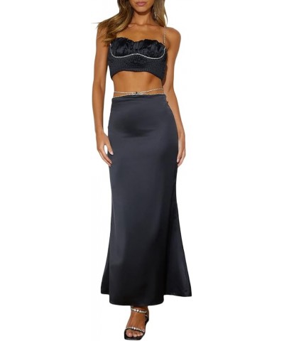 Women 2 Piece Skirt Sets Sexy Cami Top and Long Skirt Set Ruffled Satin Lace Patchwork Two Piece Skirt Outfit Black-rhineston...