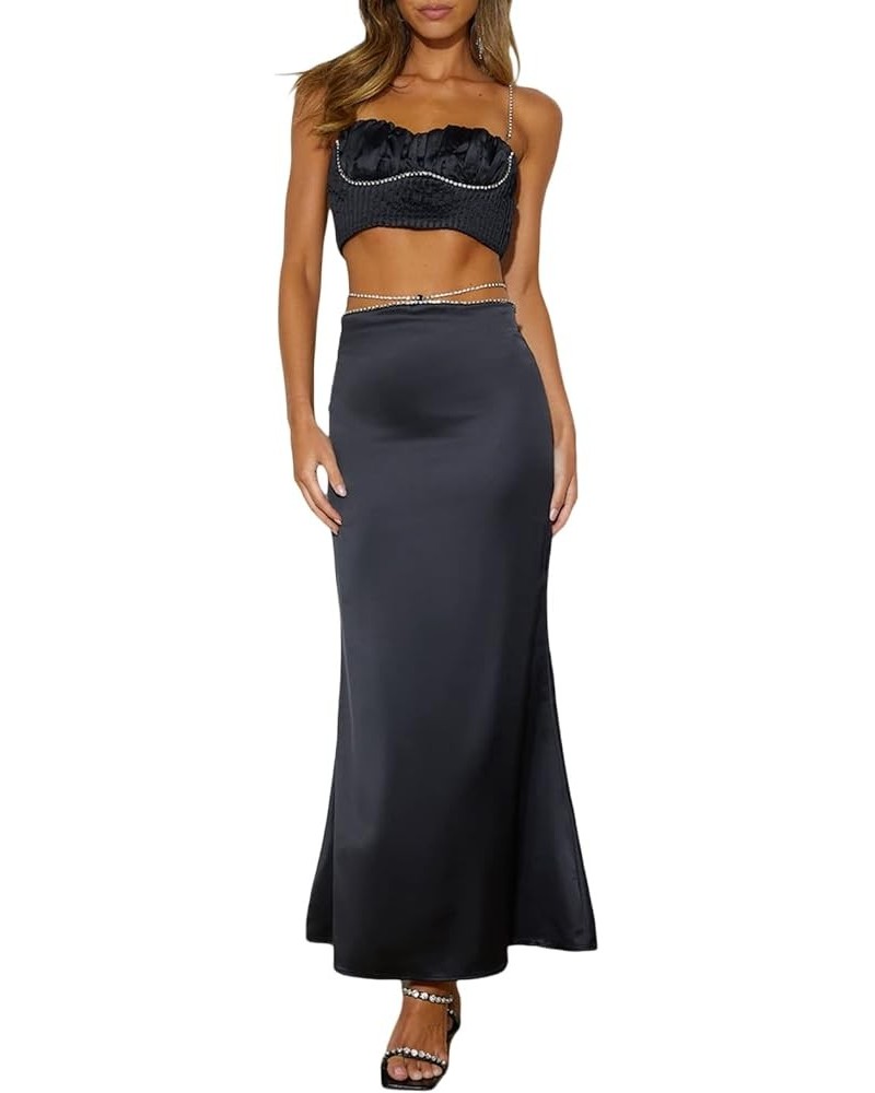 Women 2 Piece Skirt Sets Sexy Cami Top and Long Skirt Set Ruffled Satin Lace Patchwork Two Piece Skirt Outfit Black-rhineston...