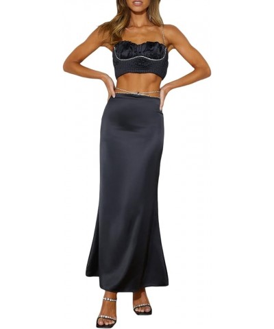 Women 2 Piece Skirt Sets Sexy Cami Top and Long Skirt Set Ruffled Satin Lace Patchwork Two Piece Skirt Outfit Black-rhineston...