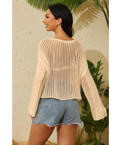 Women's Crochet Cover Up Long Sleeve Oversized Swimsuit Bikini Cover Up Tops Beige $11.25 Swimsuits