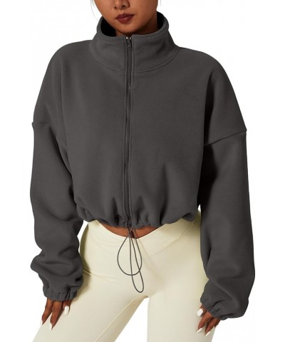 Women's Full Zip Fleece Short Jacket Warm Winter Long Sleeve Stand Collar Sherpa Crop Coat Dark Grey $26.99 Jackets