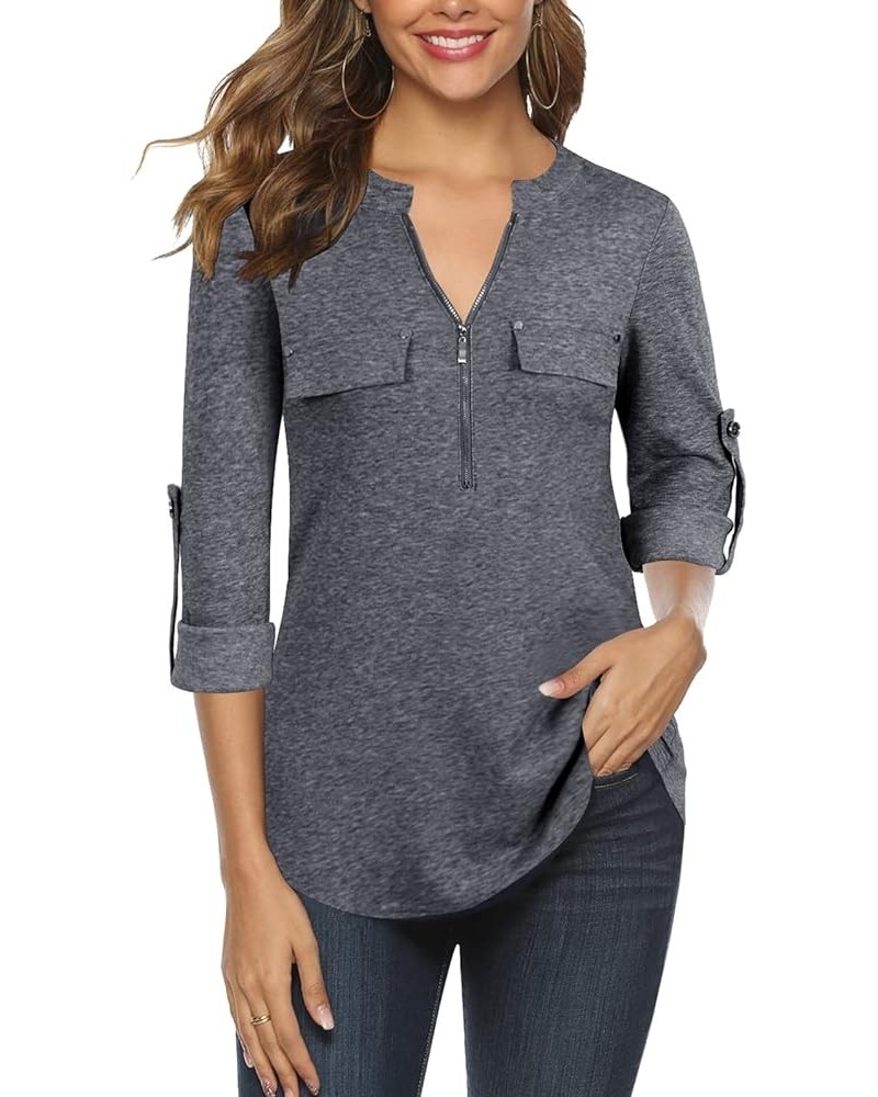 Women's V Neck 3/4 Sleeve Zip up Business Casual Work Tunic Tops Blouse Shirts B-dark Gray $11.59 Tops