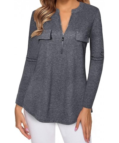 Women's V Neck 3/4 Sleeve Zip up Business Casual Work Tunic Tops Blouse Shirts B-dark Gray $11.59 Tops