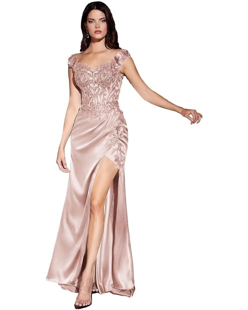 Satin Prom Dresses for Women Slit Long 2024 3D Flower Lace Applique Off Shoulder Maxi Formal Evening Party Gown Pink $35.70 D...