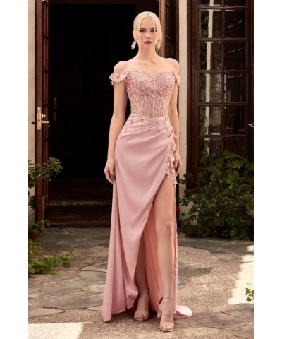 Satin Prom Dresses for Women Slit Long 2024 3D Flower Lace Applique Off Shoulder Maxi Formal Evening Party Gown Pink $35.70 D...