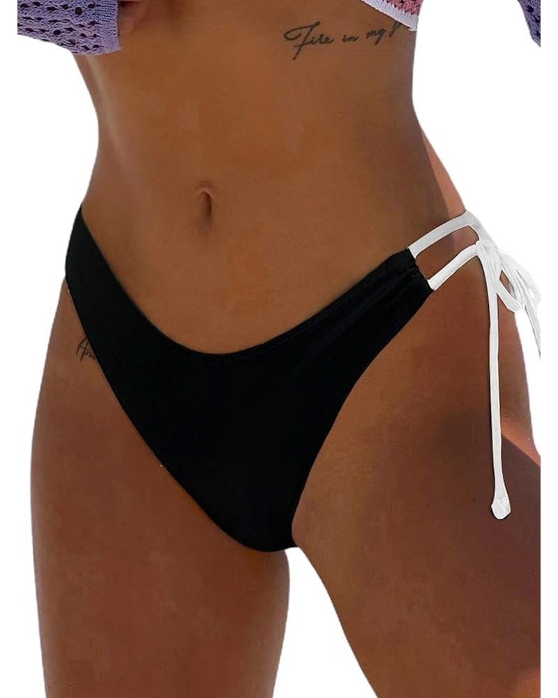 Women's Bikini Bottom Side Tie Cheeky Bathing Suit High Cut Swimsuit Black & White $13.62 Swimsuits