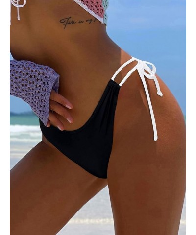 Women's Bikini Bottom Side Tie Cheeky Bathing Suit High Cut Swimsuit Black & White $13.62 Swimsuits