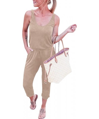 Women's Causal Tank Jumpsuits Sleeveless Drawstring Elastic Waist Loose Summer Romper Outfits with Pockets 01-khaki $15.20 Ju...