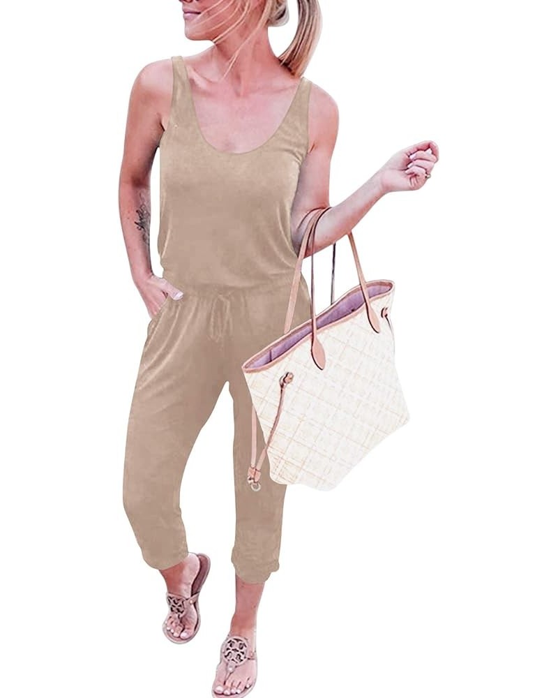 Women's Causal Tank Jumpsuits Sleeveless Drawstring Elastic Waist Loose Summer Romper Outfits with Pockets 01-khaki $15.20 Ju...