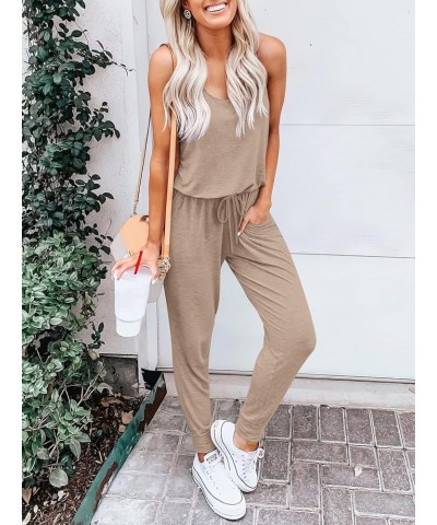 Women's Causal Tank Jumpsuits Sleeveless Drawstring Elastic Waist Loose Summer Romper Outfits with Pockets 01-khaki $15.20 Ju...