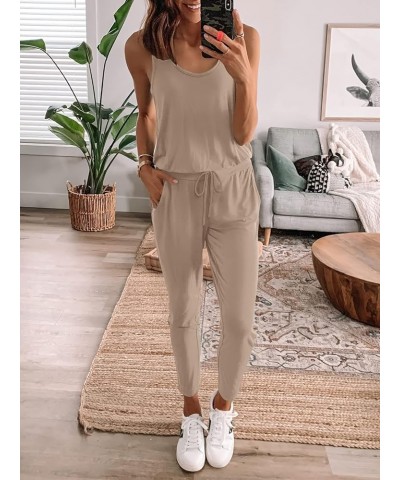 Women's Causal Tank Jumpsuits Sleeveless Drawstring Elastic Waist Loose Summer Romper Outfits with Pockets 01-khaki $15.20 Ju...