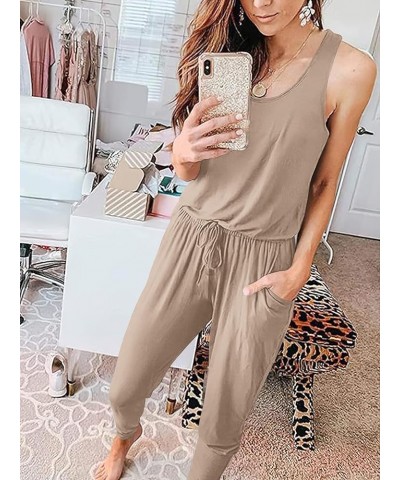 Women's Causal Tank Jumpsuits Sleeveless Drawstring Elastic Waist Loose Summer Romper Outfits with Pockets 01-khaki $15.20 Ju...