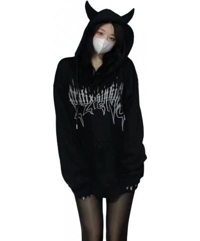 Womens Full Zip Up Hoodie Y2k Spider Web Oversized Sweatshirt Long Sleeve Punk Jacket Vintage Harajuku Streetwear P Black $16...