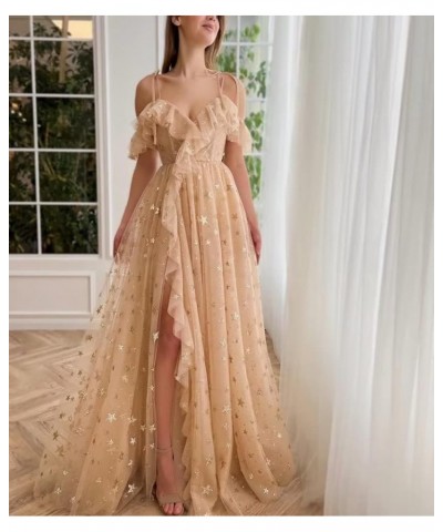 Sparkly Starry Tulle Prom Dresses Long Glitter Star Puffy Sleeve Formal Evening Party Gown with Slit for Women V Neck Slit-pi...