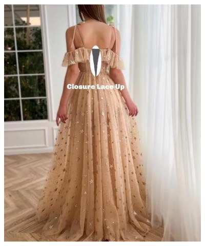 Sparkly Starry Tulle Prom Dresses Long Glitter Star Puffy Sleeve Formal Evening Party Gown with Slit for Women V Neck Slit-pi...