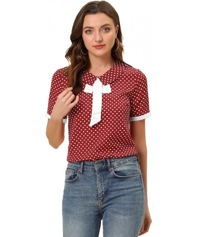 Polka Dots Blouse for Women's Contrast Tie Peter Pan Collar Vintage Shirt Burgundy $12.42 Blouses