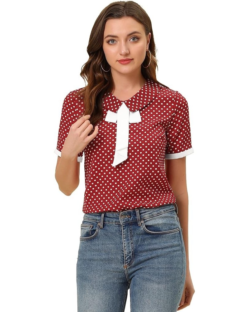 Polka Dots Blouse for Women's Contrast Tie Peter Pan Collar Vintage Shirt Burgundy $12.42 Blouses