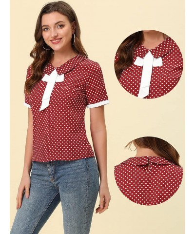 Polka Dots Blouse for Women's Contrast Tie Peter Pan Collar Vintage Shirt Burgundy $12.42 Blouses