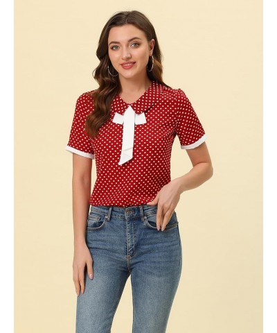 Polka Dots Blouse for Women's Contrast Tie Peter Pan Collar Vintage Shirt Burgundy $12.42 Blouses