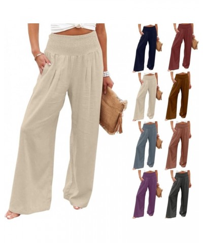 Linen Pants Women 2024 Summer Boho Wide Leg Palazzo Pants High Waist Casual Lounge Pant Trousers with Pockets E-beige Daily D...