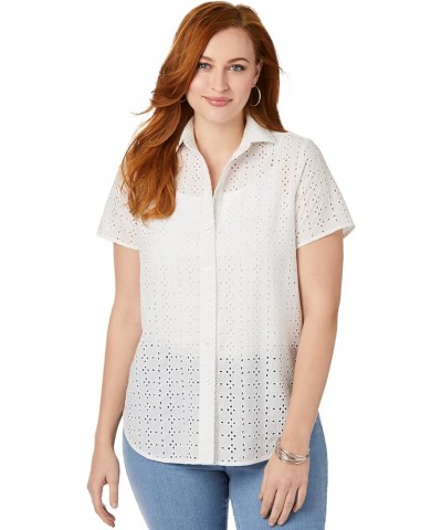 Women's Plus Size Eyelet Short Sleeve Shirt White $19.63 Blouses