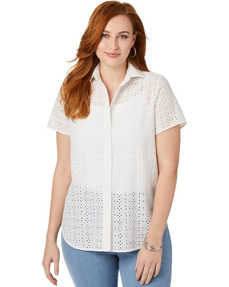 Women's Plus Size Eyelet Short Sleeve Shirt White $19.63 Blouses