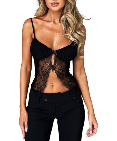 Women Lace Trim Cami Shirt Sexy See Through Sleeveless Spaghetti Strap Camisoles Cute Y2k Going Out Crop Tank Tops H Black $6...