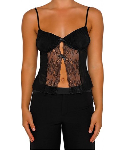 Women Lace Trim Cami Shirt Sexy See Through Sleeveless Spaghetti Strap Camisoles Cute Y2k Going Out Crop Tank Tops H Black $6...