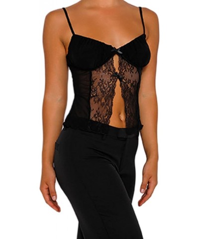 Women Lace Trim Cami Shirt Sexy See Through Sleeveless Spaghetti Strap Camisoles Cute Y2k Going Out Crop Tank Tops H Black $6...