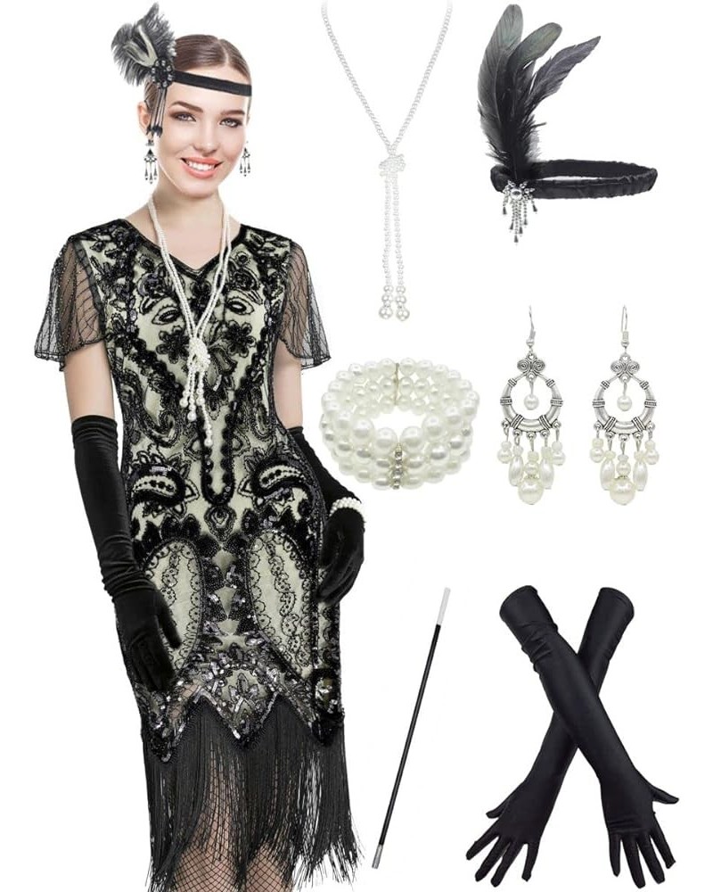 Women 1920s Gatsby Vintage Sequin Flapper Fringe Party Plus Dress With 20s Accessories Set Sequin Black Beige $18.35 Dresses