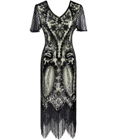 Women 1920s Gatsby Vintage Sequin Flapper Fringe Party Plus Dress With 20s Accessories Set Sequin Black Beige $18.35 Dresses