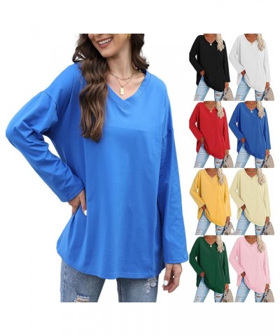 Women Top Oversized Cotton Solid/Two-Bar Striped Long Sleeve V-Neck T-Shirt Loose Blouse A-royal Blue $13.79 T-Shirts