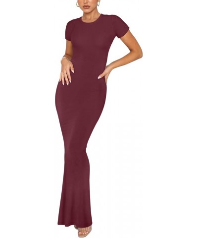 Women's Summer Casual Lounge Long Dress Elegant Short Sleeve Crew Neck Bodycon Maxi Dresses Burgundy $21.41 Dresses