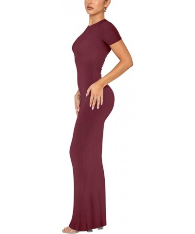 Women's Summer Casual Lounge Long Dress Elegant Short Sleeve Crew Neck Bodycon Maxi Dresses Burgundy $21.41 Dresses