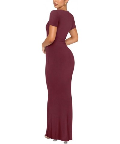 Women's Summer Casual Lounge Long Dress Elegant Short Sleeve Crew Neck Bodycon Maxi Dresses Burgundy $21.41 Dresses