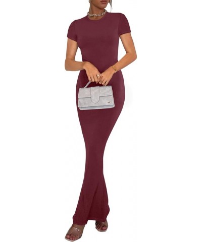 Women's Summer Casual Lounge Long Dress Elegant Short Sleeve Crew Neck Bodycon Maxi Dresses Burgundy $21.41 Dresses