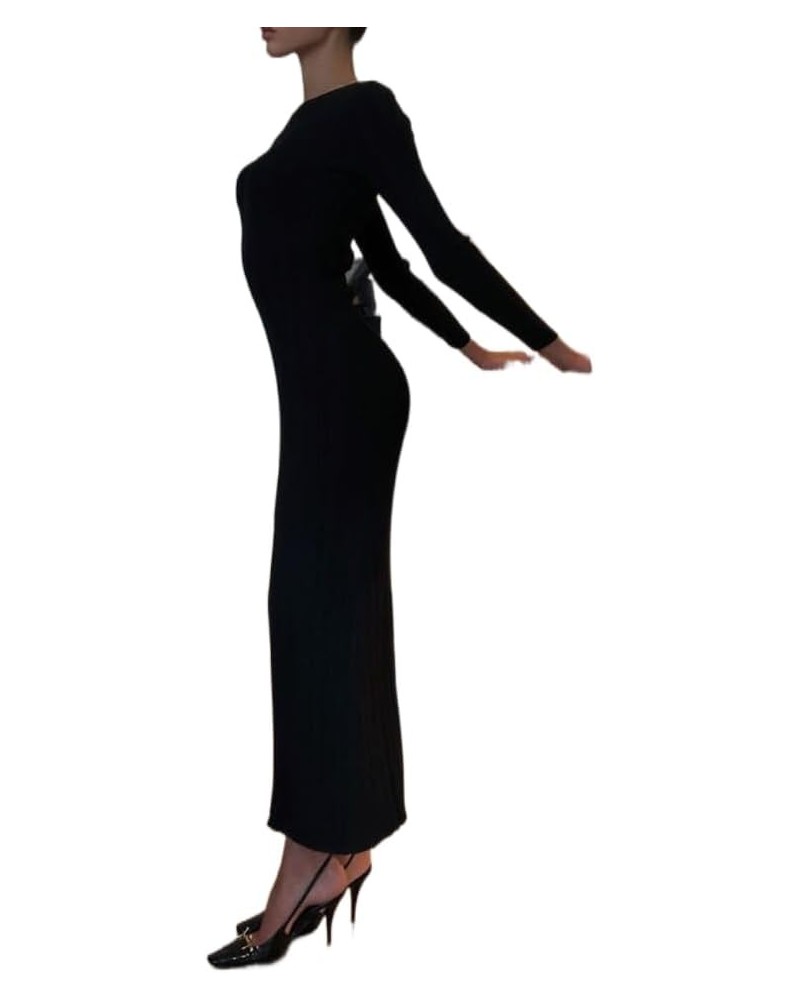 Vintage Ribbed Knit Maxi Dress for Women Y2K Summer V Neck Long Sleeve Bodycon A-line Casual Long Dress Beachwear N Black Kni...