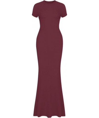 Women's Summer Casual Lounge Long Dress Elegant Short Sleeve Crew Neck Bodycon Maxi Dresses Burgundy $21.41 Dresses