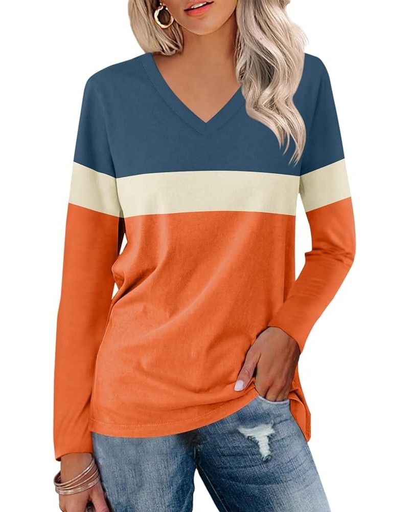 Women's Long Sleeve Color Block Tunics Tops V Neck Casual Cute Shirts Fall Loose Fit Blouses Tees C-c-navy-apricot-orange $16...