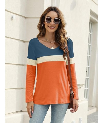 Women's Long Sleeve Color Block Tunics Tops V Neck Casual Cute Shirts Fall Loose Fit Blouses Tees C-c-navy-apricot-orange $16...