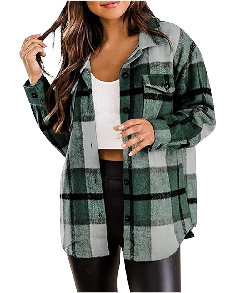 Plaid Shacket Womens Flannel Jacket Casual Fall Plaid Shacket Jacket Button Down Long Sleeve Shirt with Pockets 01-green $14....