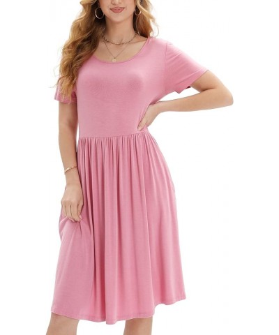 Women Soft Casual Nightdress Short Sleeve Drape Loungewear Pajama Crewneck Loose Elasticity Fit Midi Dress with Pocket Pink $...