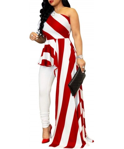 Womens Sexy One Shoulder Striped High Low Irregular Tunic Tops Maxi Dress Red $17.33 T-Shirts