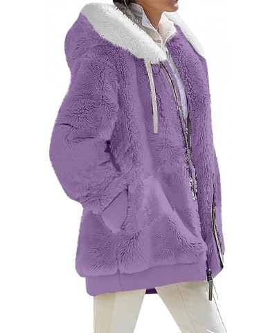 Women's Fleece Coats Zip Up Hooded Jackets Color Block Outerwear with Pockets Pure Purple $17.33 Jackets