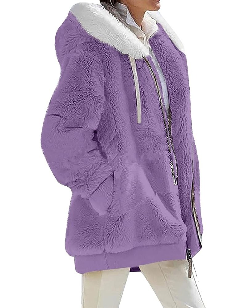 Women's Fleece Coats Zip Up Hooded Jackets Color Block Outerwear with Pockets Pure Purple $17.33 Jackets